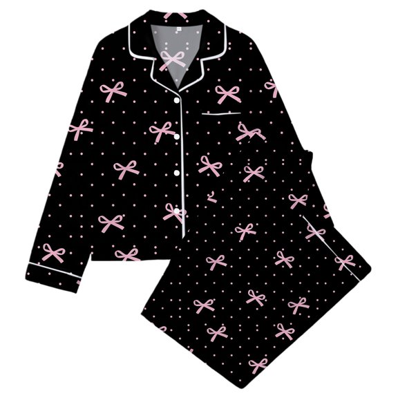 WOYY Girls Pajama Sets Bow Print Long Sleeve Button Down Shirt Pants Sleepwear, Sizes 3-14