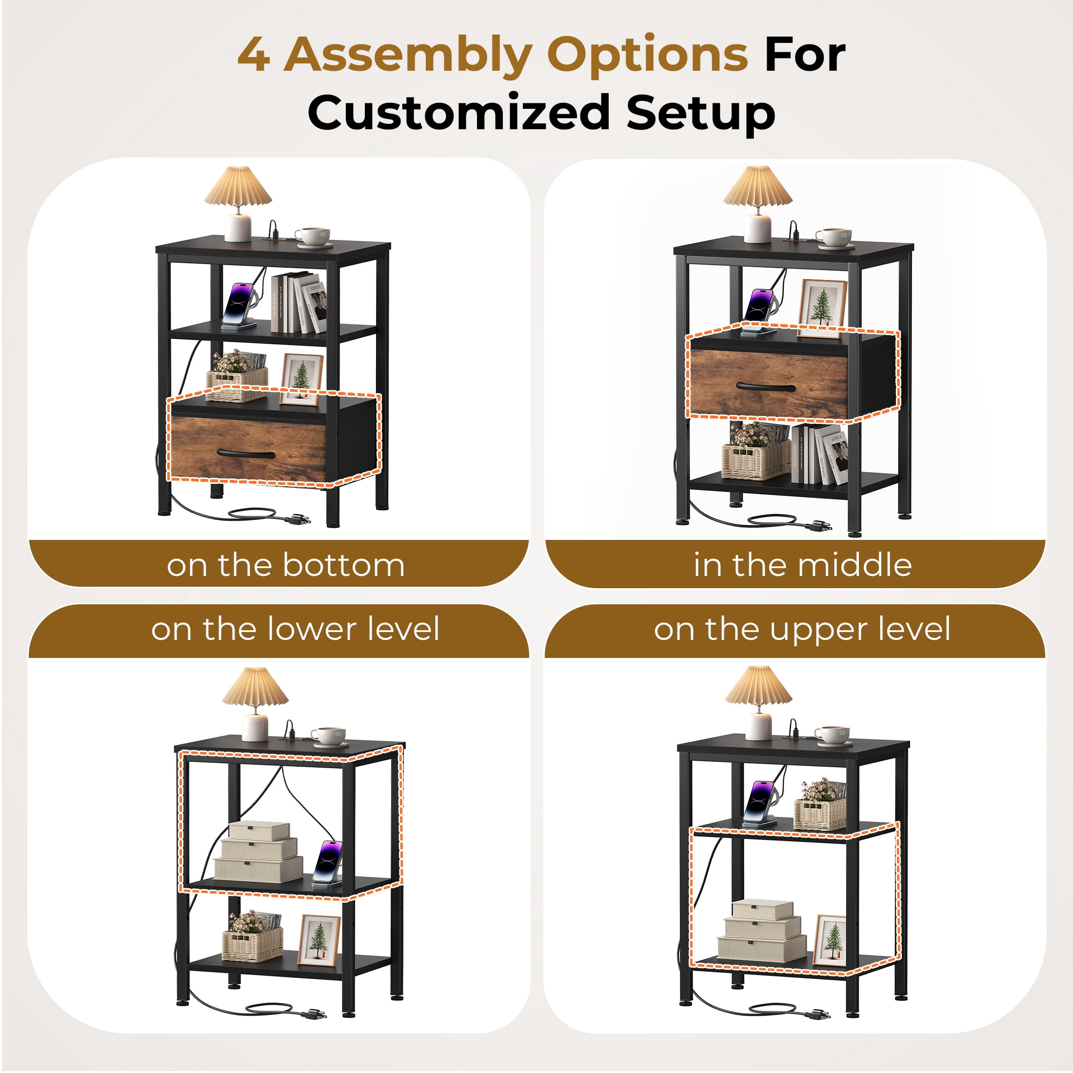 EDX Wall-Mounted Bedside Table, Built-in Outlet with USB/Type-C Ports and Adjustable Drawer, 3-Tier Storage Shelf with Fabric Drawer for Bedroom Space Saving, Black+Genuine antique wood color