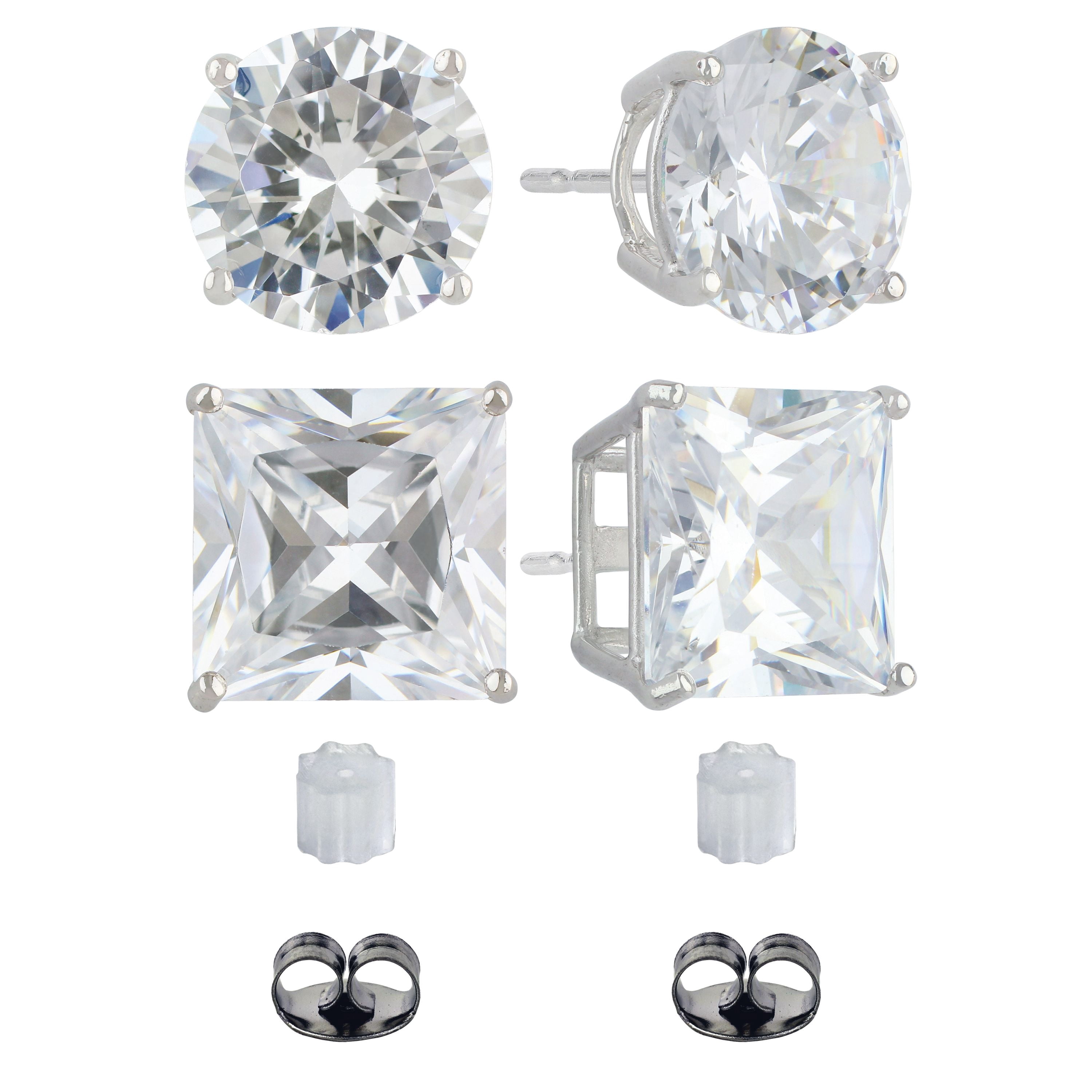 Brilliance Fine Jewelry Women's Simulated Diamond Duo Round and Square Earring Set in Sterling Silver