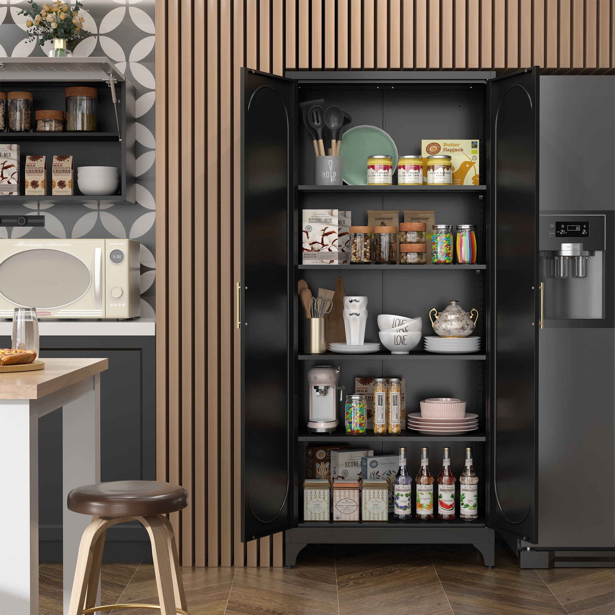 Polup Modern Metal Pantry Cabinet, 75" H, Adjustable Shelves and Doors, Black