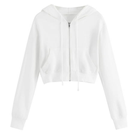 Womens Zip Up Hoodies Casual Plain Crop Jacket Lightweight Long Sleeve Sweatshirt with Pockets Fall Jackets Full Zip Hooded Tops y2k Clothes Hip-Hop Trendy Outfits Streetwear white XL