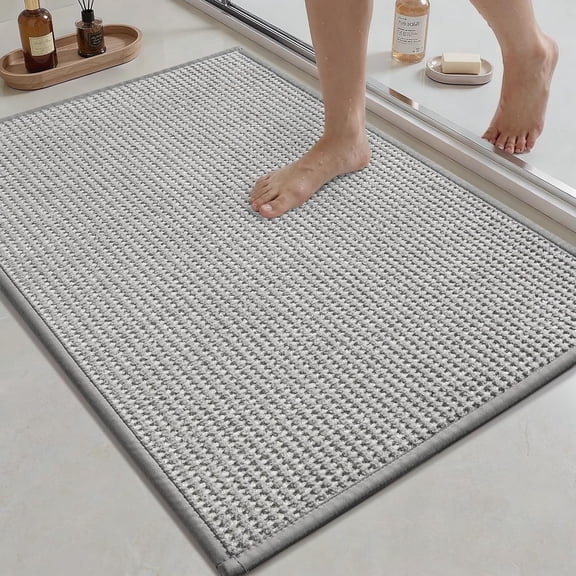 MontVoo Bath Mat,Chenille Absorbent Bathroom Mat Quick Dry Rubber Backed Bathroom Rugs Non Slip Washable Bath Mats,Ultra Thin Bathroom Rugs Fit Under Door,17"x24",Grey