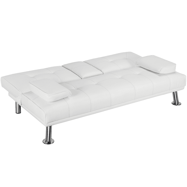 Renwick LuxuryGoods Modern Faux Leather Futon with Cupholders and Pillows White Walmart