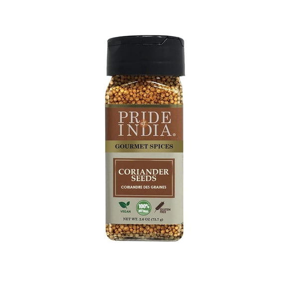 Pride of India – Coriander Seed Whole – Fresh & Gourmet Indian Whole Spice – Good for Curries/Meat/Chicken – Easy to Use – 1.4 oz. Small Dual Sifter Bottle