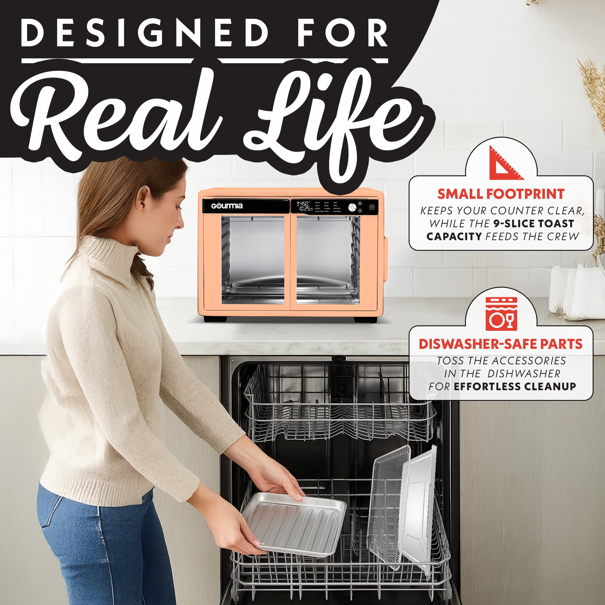 Gourmia Air Fryer French Door Toaster Oven - 9 Slice Capacity, 12 Presets, Peach