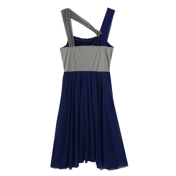 Raenseen Women Chiffon Lyrical Dance Dress Mesh Color Block Ballet Leotard Dress Modern Gymnastics Navy Blue XL