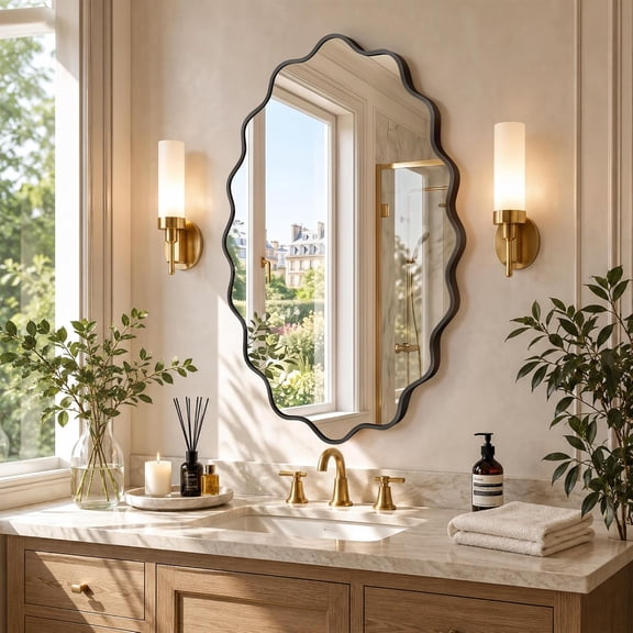Fahomiss 24"x36" Wavy Oval Wall Mirror, Black Wall-Mounted Vanity Mirrors for Bathroom, Bedroom,Living Room