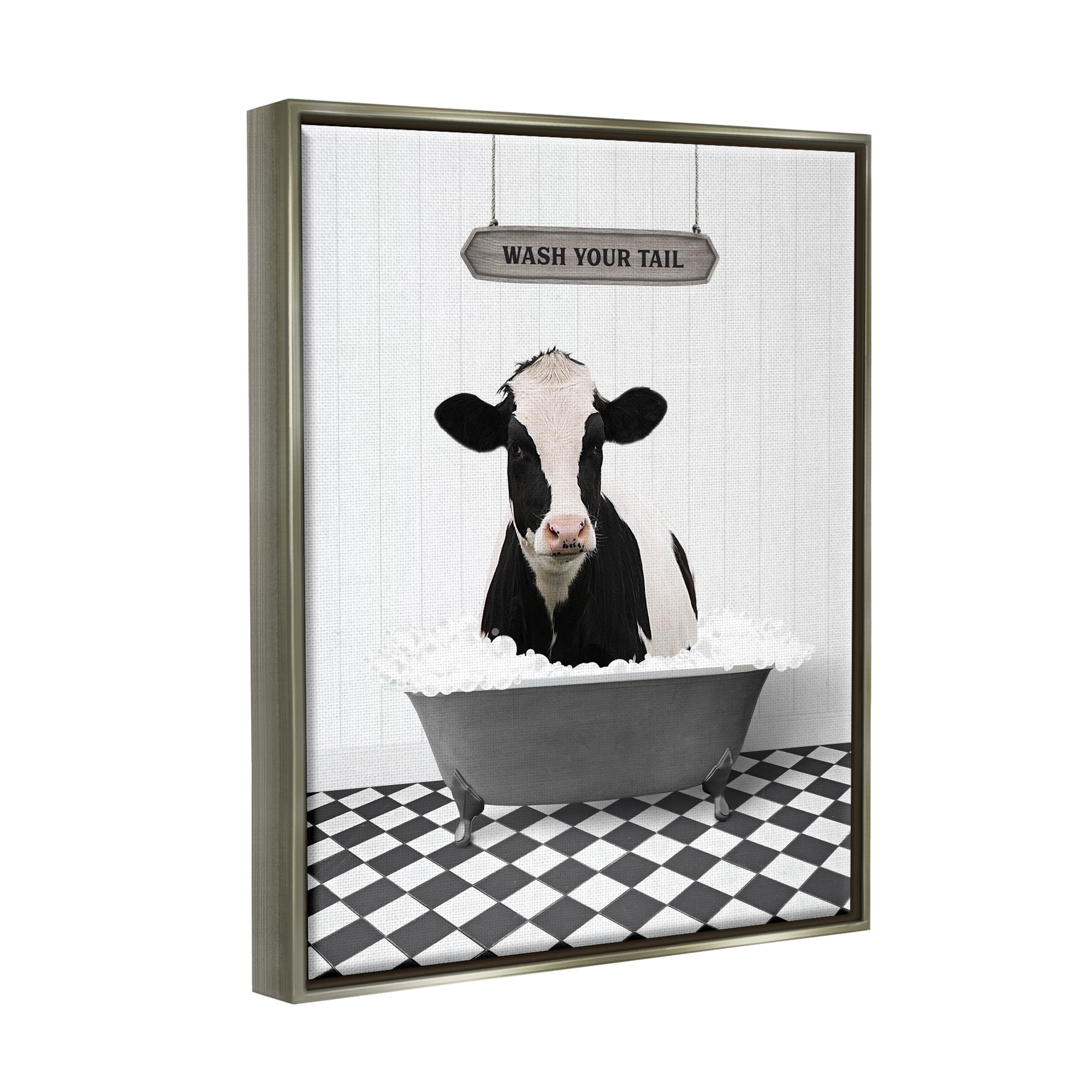 Stupell Industries Wash Your Tail Cow Animals & Insects Painting Gray Floater Framed Art Print Wall Art, 17 x 21