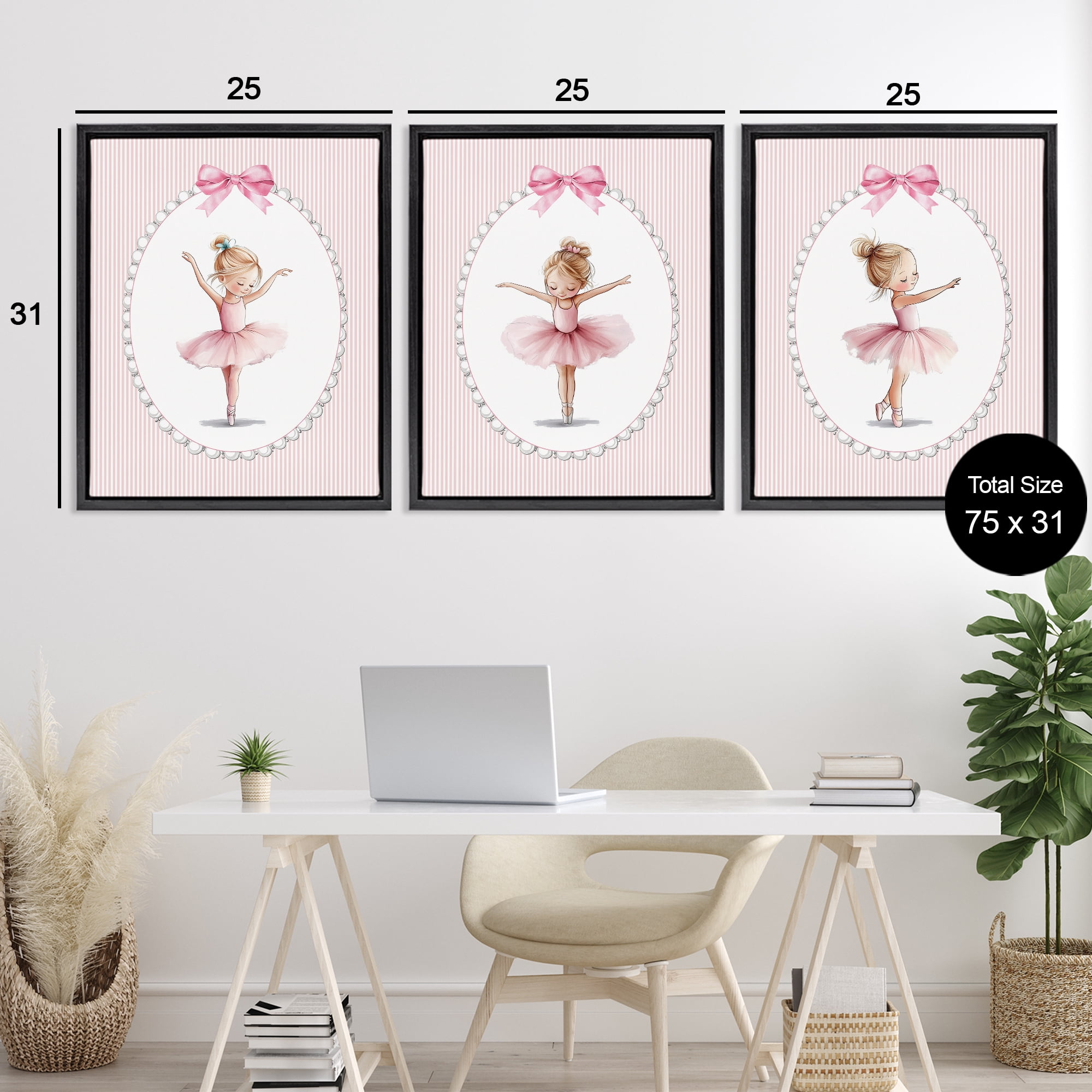 Stupell Industries Dancing Ballerinas in Pink 3 Piece Black Framed Floater Canvas Set, design by Christine Simpson Art