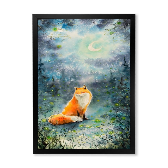 Designart 'Fox Over A Night Sky With Moon' Children's Art Framed Art Print