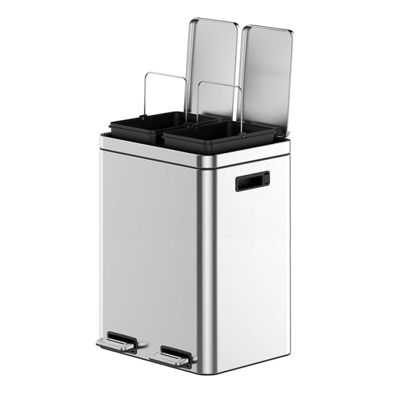 Dual Trash Can, 2 x 5.3 Gal (2 x 20L) Stainless Steel Trash Can with Recycling Bin, Soft-Close Lid, Step-on Garbage Bin - with Removable Plastic Inner Buckets