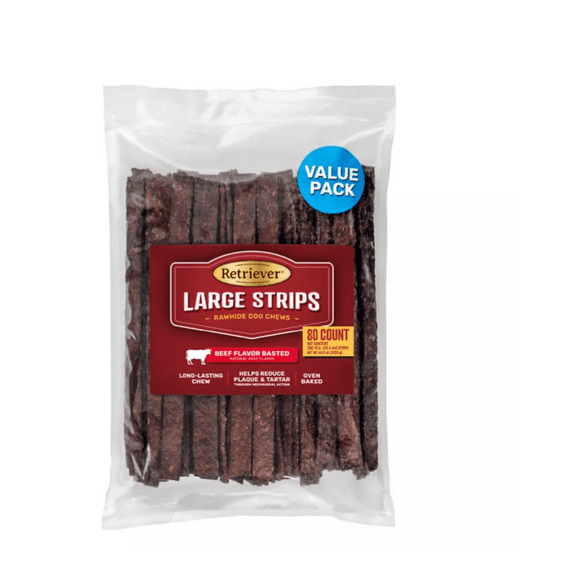 Retriever Beef-Basted Rawhide Strips Dog Chew Treats, Large, 80 ct.