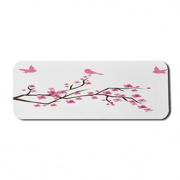 Floral Computer Mouse Pad, Japanese Minimalist Cherry Blossoms Branch Birds Silhouette Abstract Pattern, Rectangle Non-Slip Rubber Mousepad Large, 31" x 12", Pale Fuchsia Pink, by Ambesonne