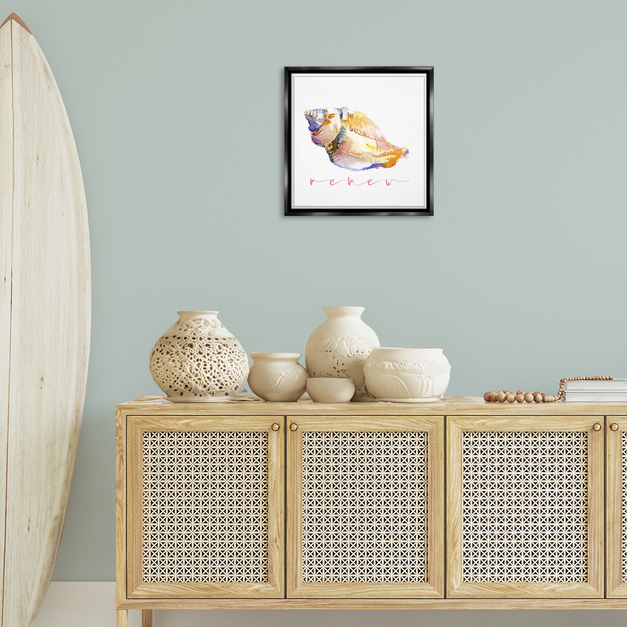 Stupell Industries Conch Shell Renew Nautical & Beach Painting Black Floater Framed Canvas Art Print Wall Art, 18 x 18