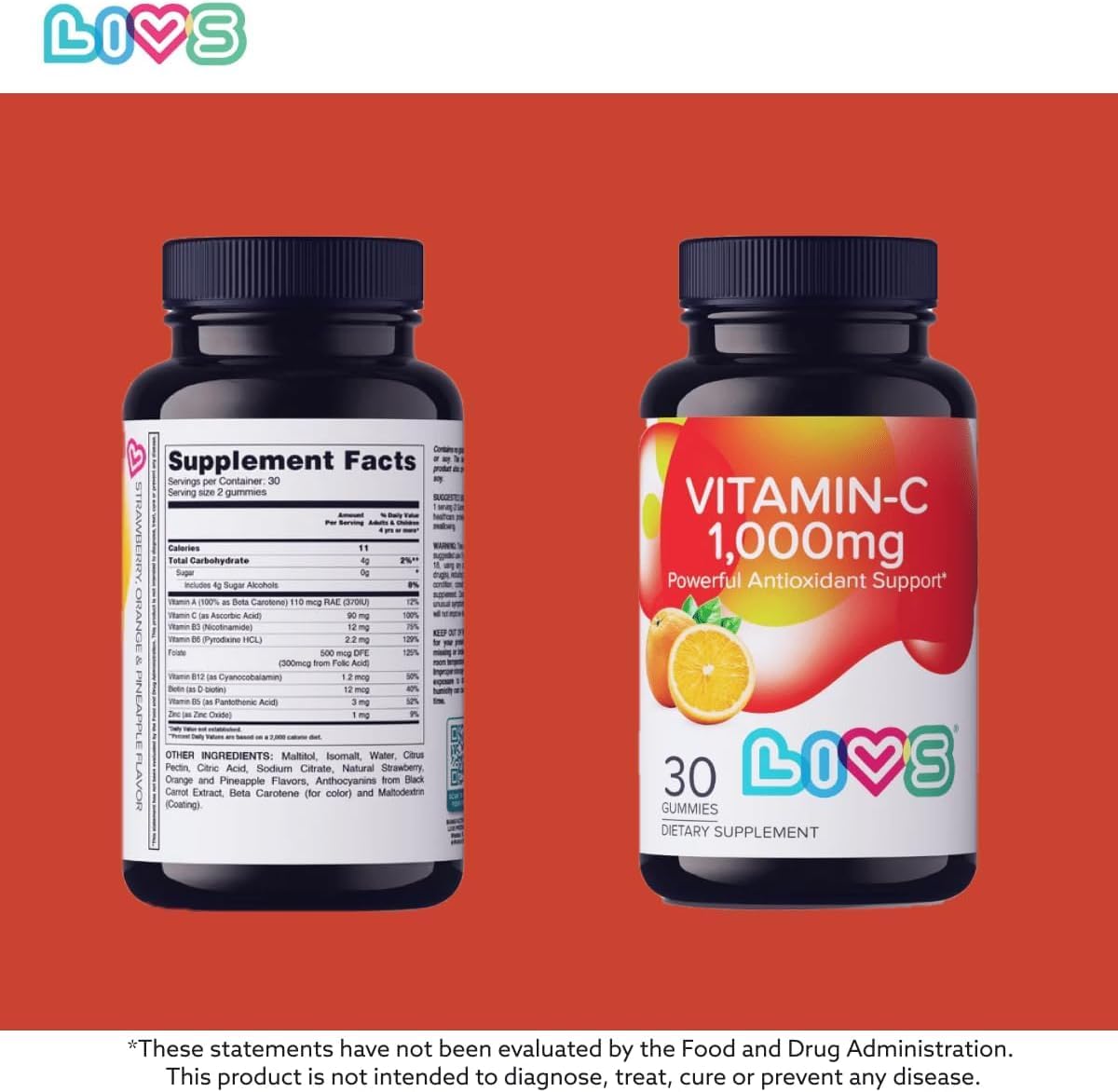 LIVS 1000mg Vitamin C Gummies with Zinc, Sugar Free Immune Support Supplement, Vegan, (Pack of 2) 30 Count
