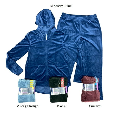 Hue Women's Super Soft Velour Lounge Full Zip Jacket & Pant (Vintage Indigo, L)