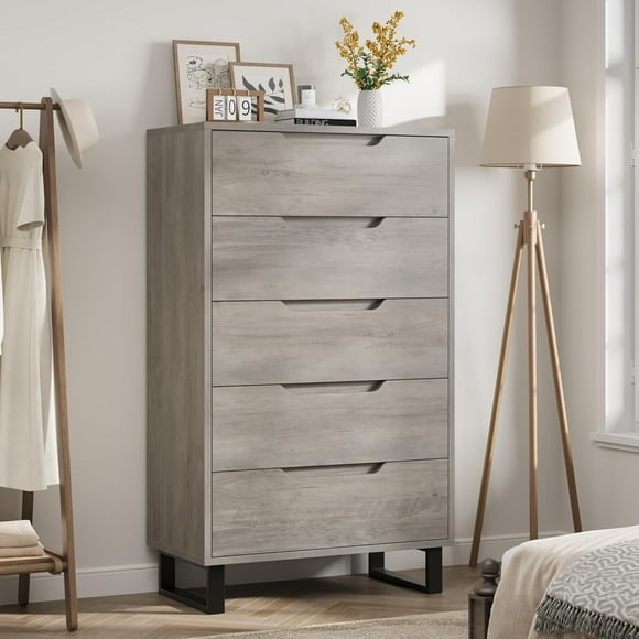 5 Dresser for Bedroom, 51 in Tall Dresser, Freestanding Vertical Drawer Cabinet with Storage, Wooden Closet Storage Chest for Living Room, Hallway, Entryway, Ash Grey
