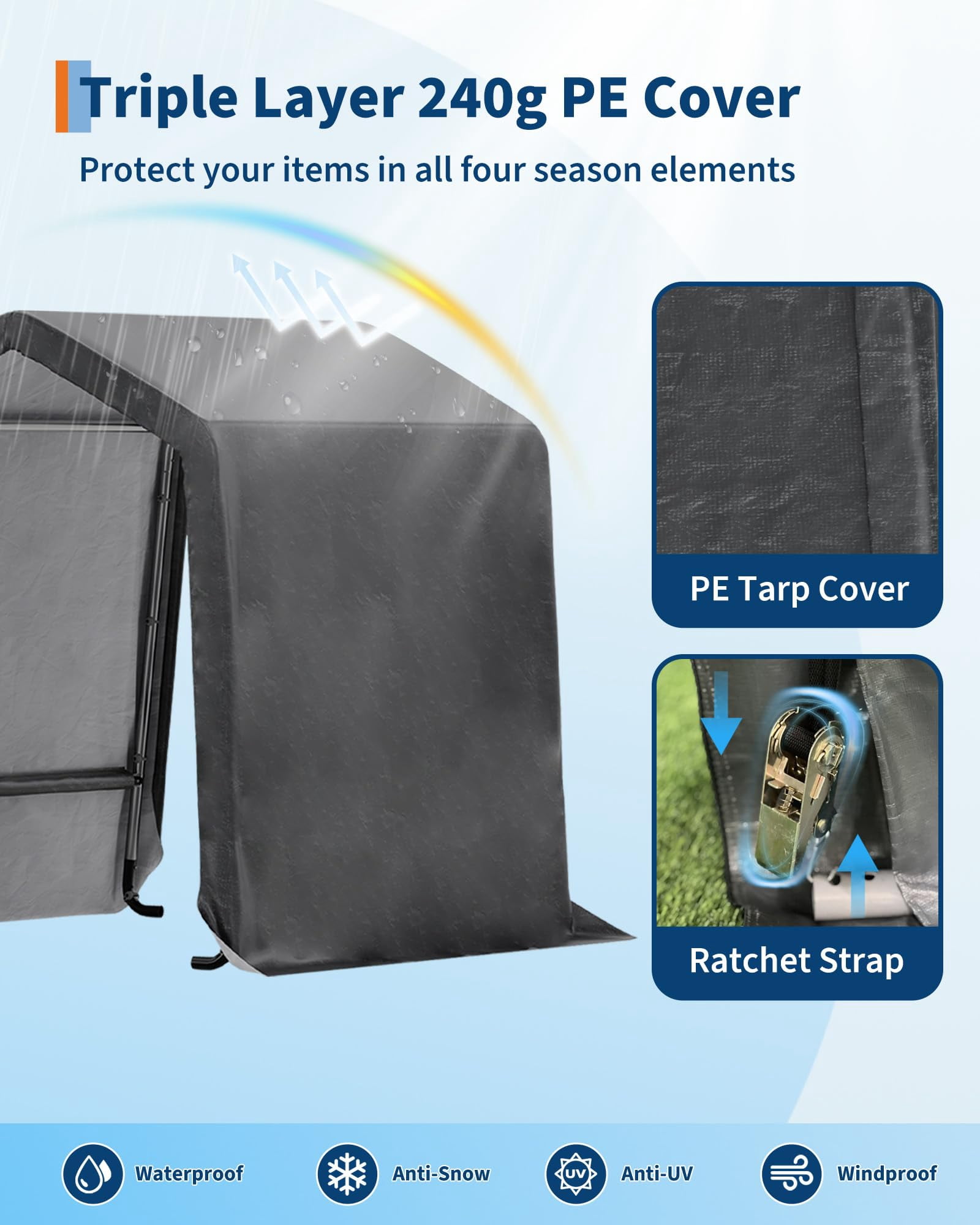Mescukay 6 x 8FT Outdoor Storage Shed with Roll-Up Door & Vent, 240G Heavy-Duty Shelter Waterproof PE Tarp, UV-Resistant Storage Sheds for Motorcycle, Firewood, Garden and Tools