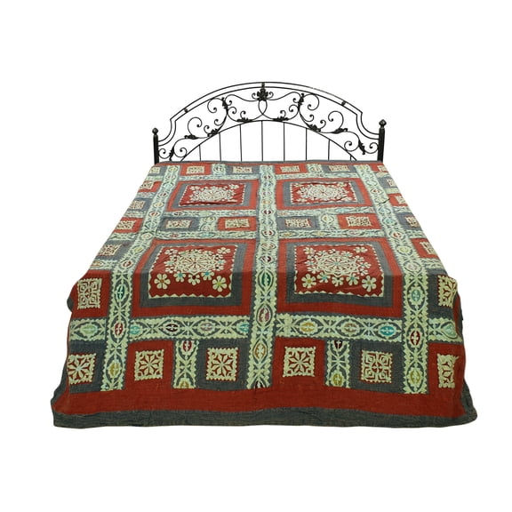 Exotic India Rust Kantha Bedcover with Multicolor Floral Applique Patches from Jodhpur - Pure Cotton