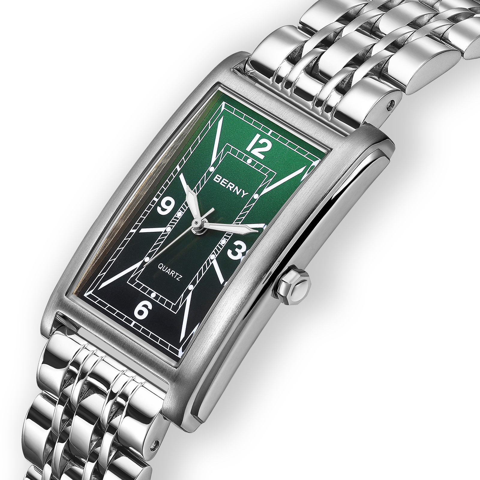 BERNY Rectangular Silver Watch for Men, Fashion Waterproof Analog Quartz Wristwatch, Stainless Steel, Luminous, Arabic Numeral, Business Dress Men's Watches (Green)