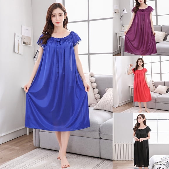 Meichang Satin Nightgowns for Women Long Pajamas Dress Short Sleeve Scoop Neck Silk Nightgown Sleepwear Pleated Front Loose Fit Comfy Sleepdress House Dress