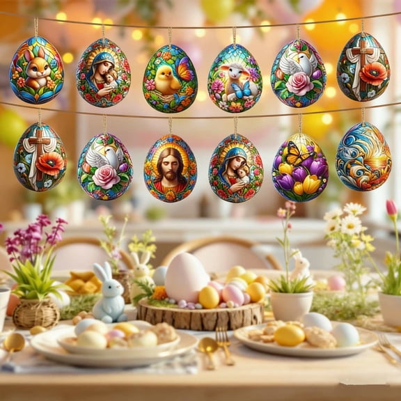 XIA0LE 12pcs Easter Egg Jesus Bunnies Cross Wooden Ornament, Religious Decoration, Christian Home Decor, Faith Inspired Easter Gifts For Easter Parties And Spring Decor