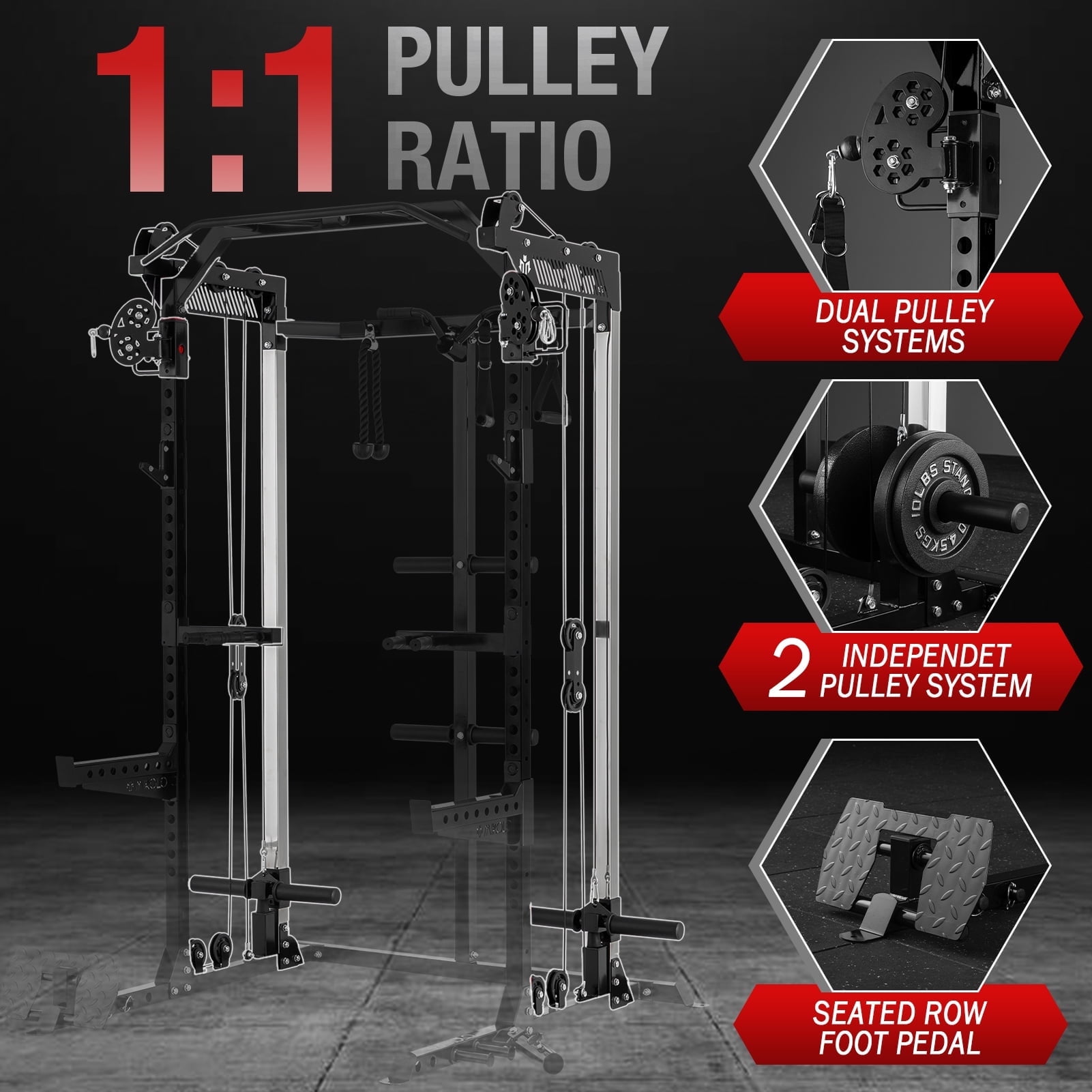 Mikolo Power Rack Cage, Weight Rack with Dual Pulley Cable Crossover Machine,Multi-Function Squat Rack with J Hooks,Dip Bars and Landmine for Home Gym (Black)