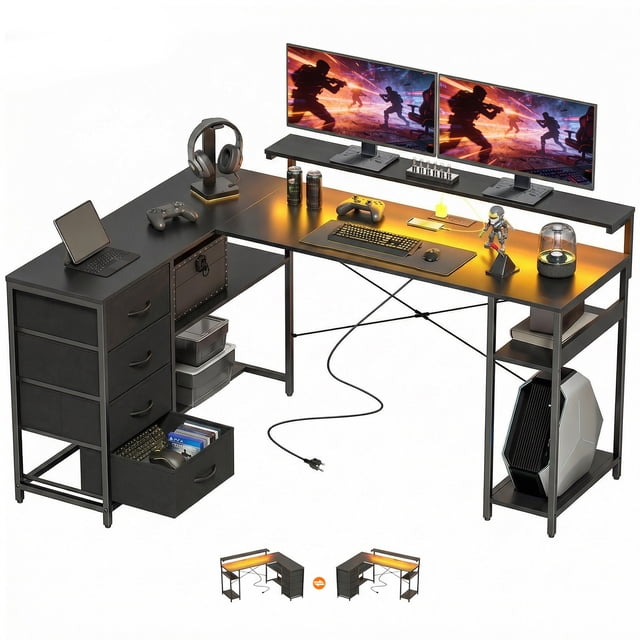 HOMCOM Bureau de Jeu avec Lumières DEL, Bureau de Travail 61 Pouces Noir