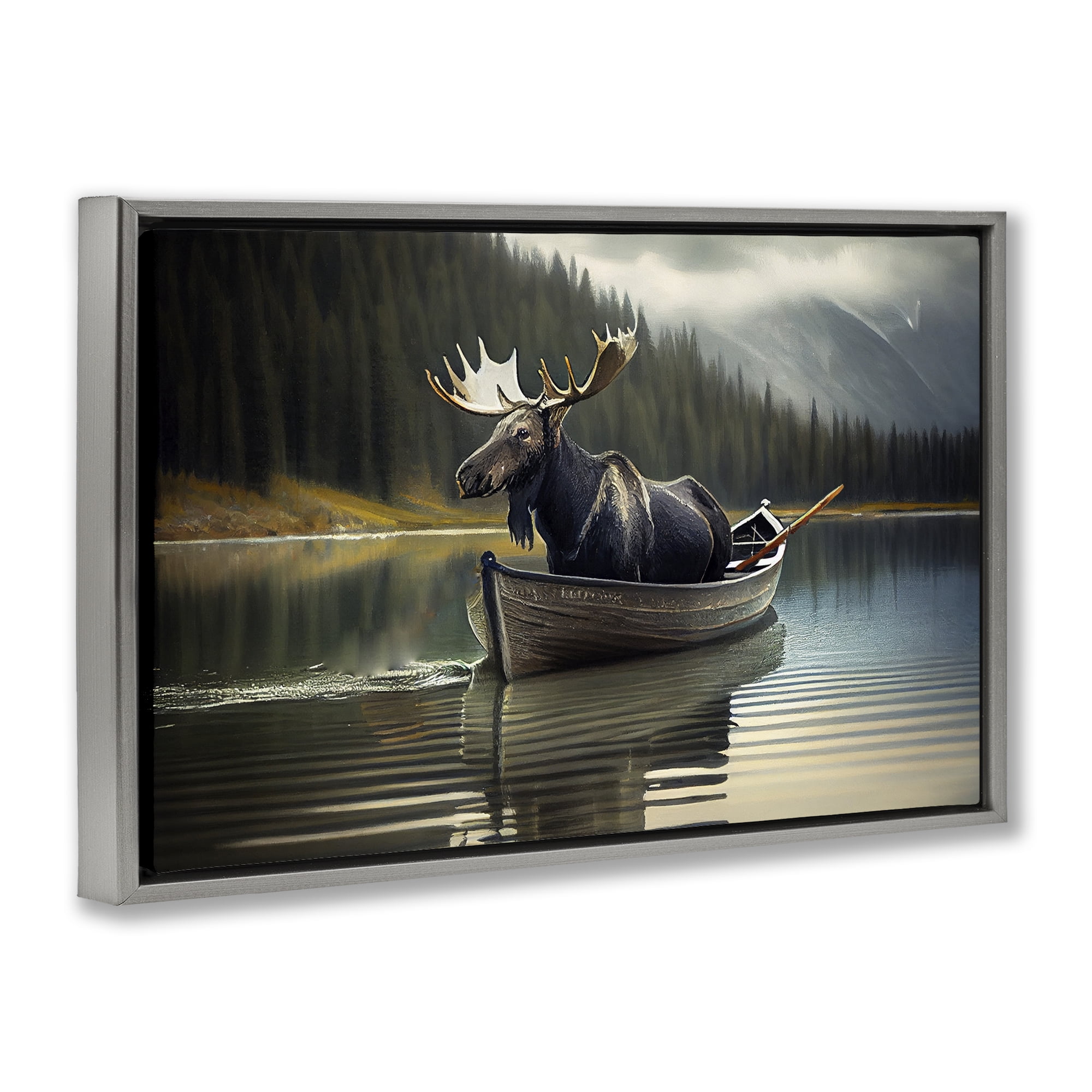 Moose in Canoe Tranquility Gray Framed Floater Canvas Wall Art, design by Sasha