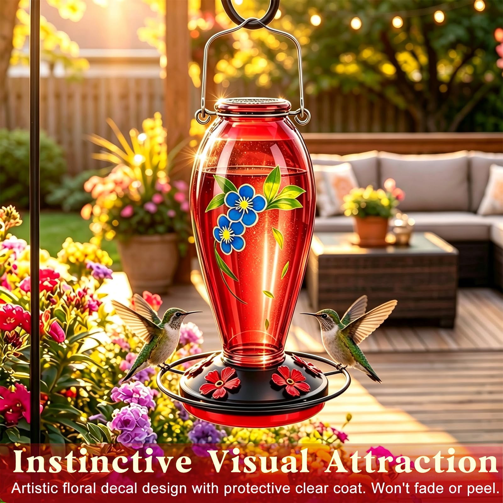 Red 24 Oz Thick Glass Hummingbird Feeder, Outdoor Hanging Garden Decor with 5 Feeding Ports