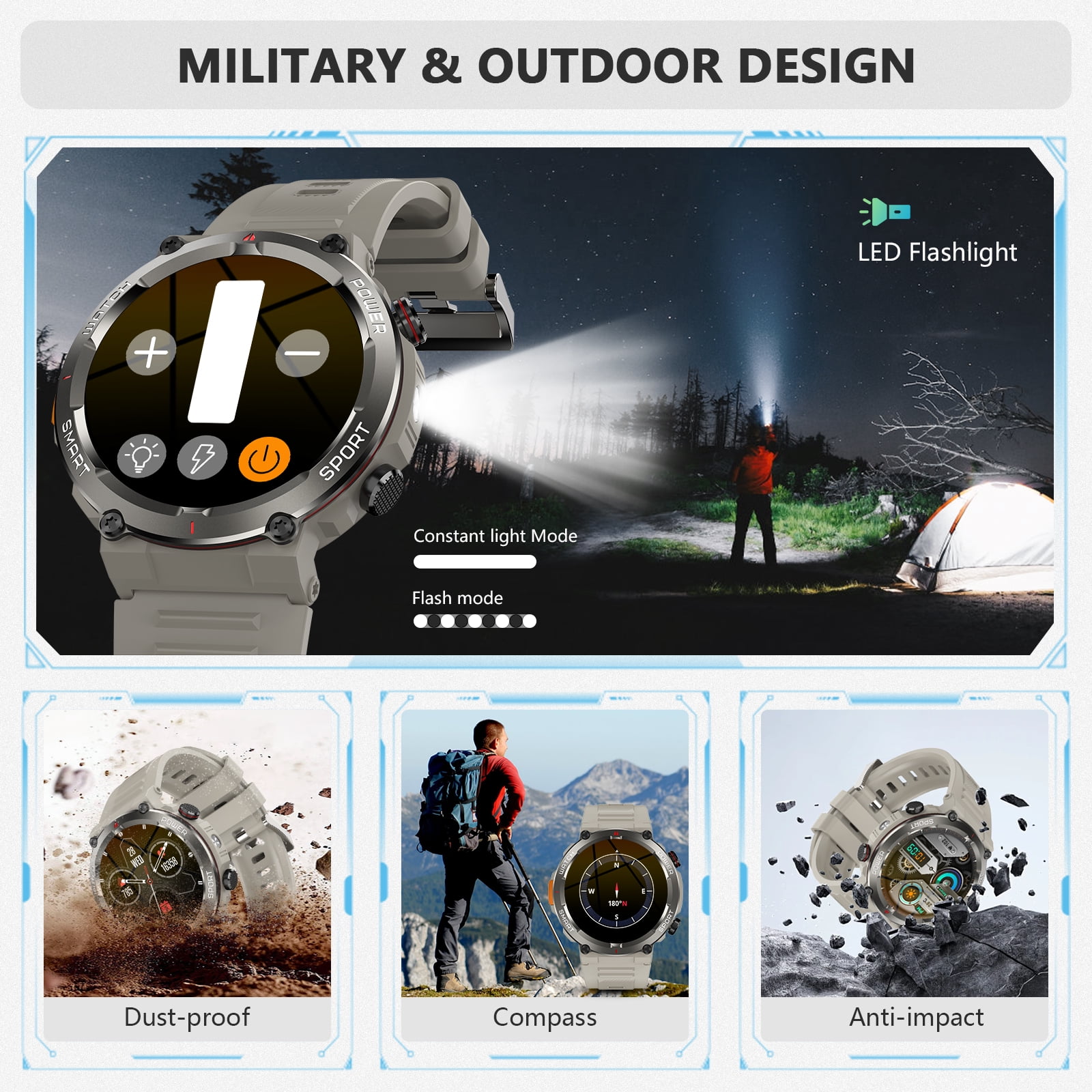 LUOMATE 1.45" Men Military Smartwatch with Fitness Tracker, Bluetooth Calling, 100+ Sport Modes, IP68 Waterproof, Pedometer, Outdoor Sports Watch Compatible Android iPhone (Khaki)