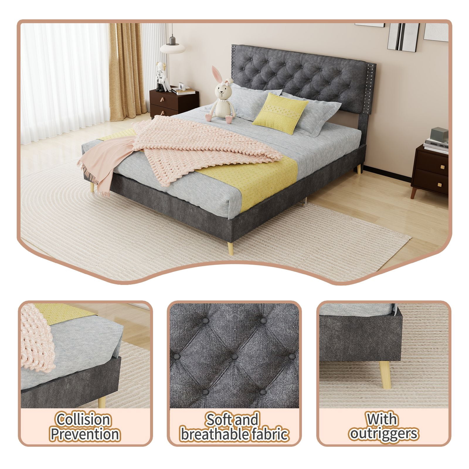 Alvantor Queen Size Upholstered Bed Frame with Padded Headboard, Holland Velvet Tufted Gray