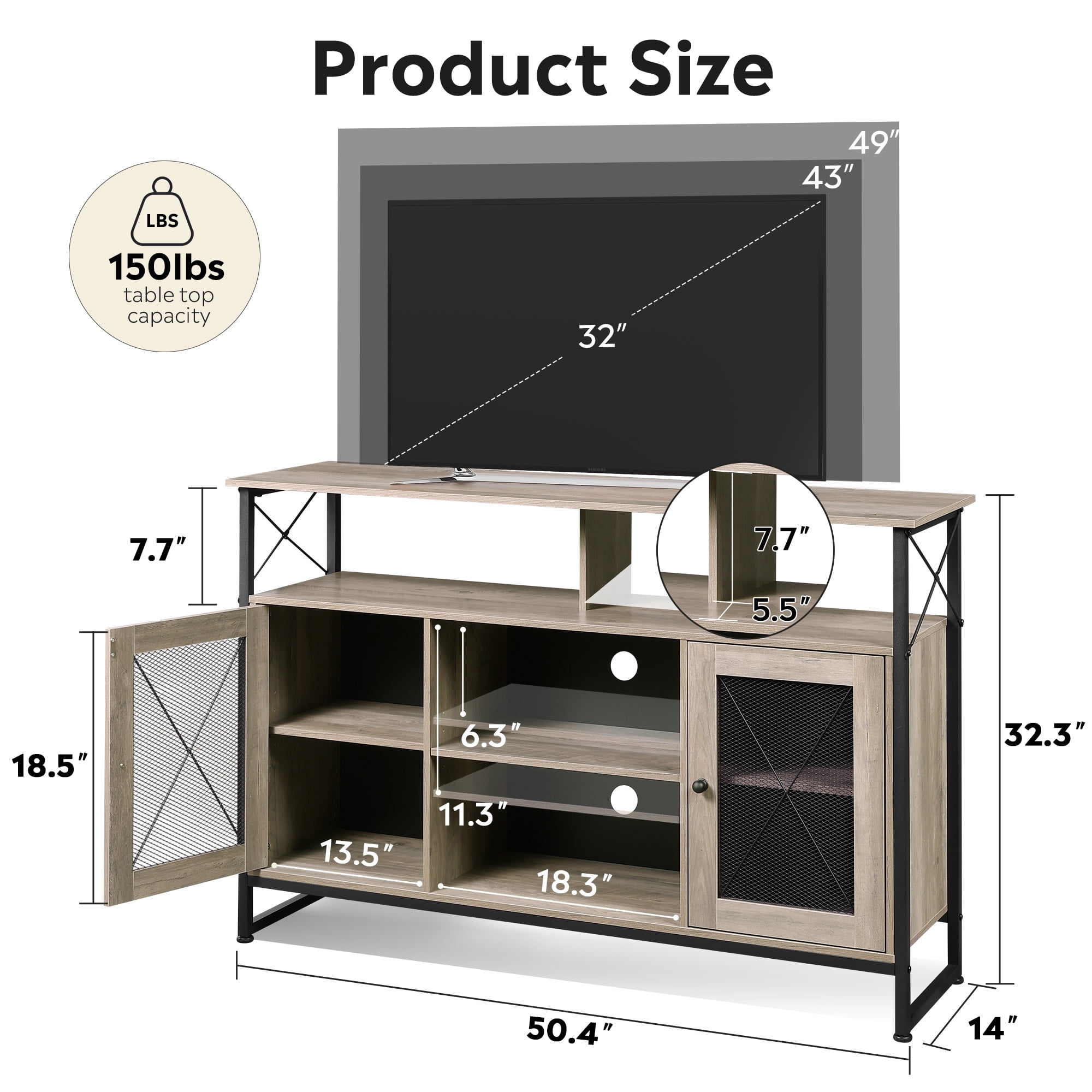 GALAXHERO Tall TV Stand for TVs up to 55", Farmhouse Industrial Entertainment Center with Storage, Media Console for Living Room Bedroom Greige