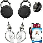 2 Pack Retractable ID Badge Holder Reel, Premium Casing and Cord with Secure Clip Key Ring and ID Badge Strap, 2 ID Card Holders with 2 Key Ring Carabiners for Students, Office Workers, Nurses, Travel