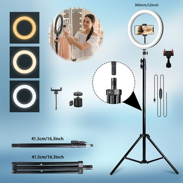 LED 12 inch Ring Light with Tripod, 3 Light Modes, and 10 Brightness Levels, for Mobile Phone, Make Up, Selfies, Live Streaming, Video Chat, Vlog