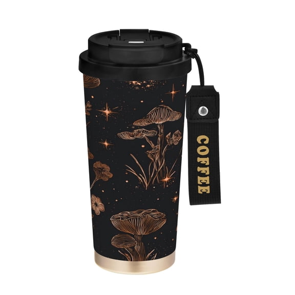 500ml Stainless Steel Coffee Mug with Portable Black Strap Vacuum Insulated Ceramic Coated Coffee Tumbler Mushrooms and Glittering Stars