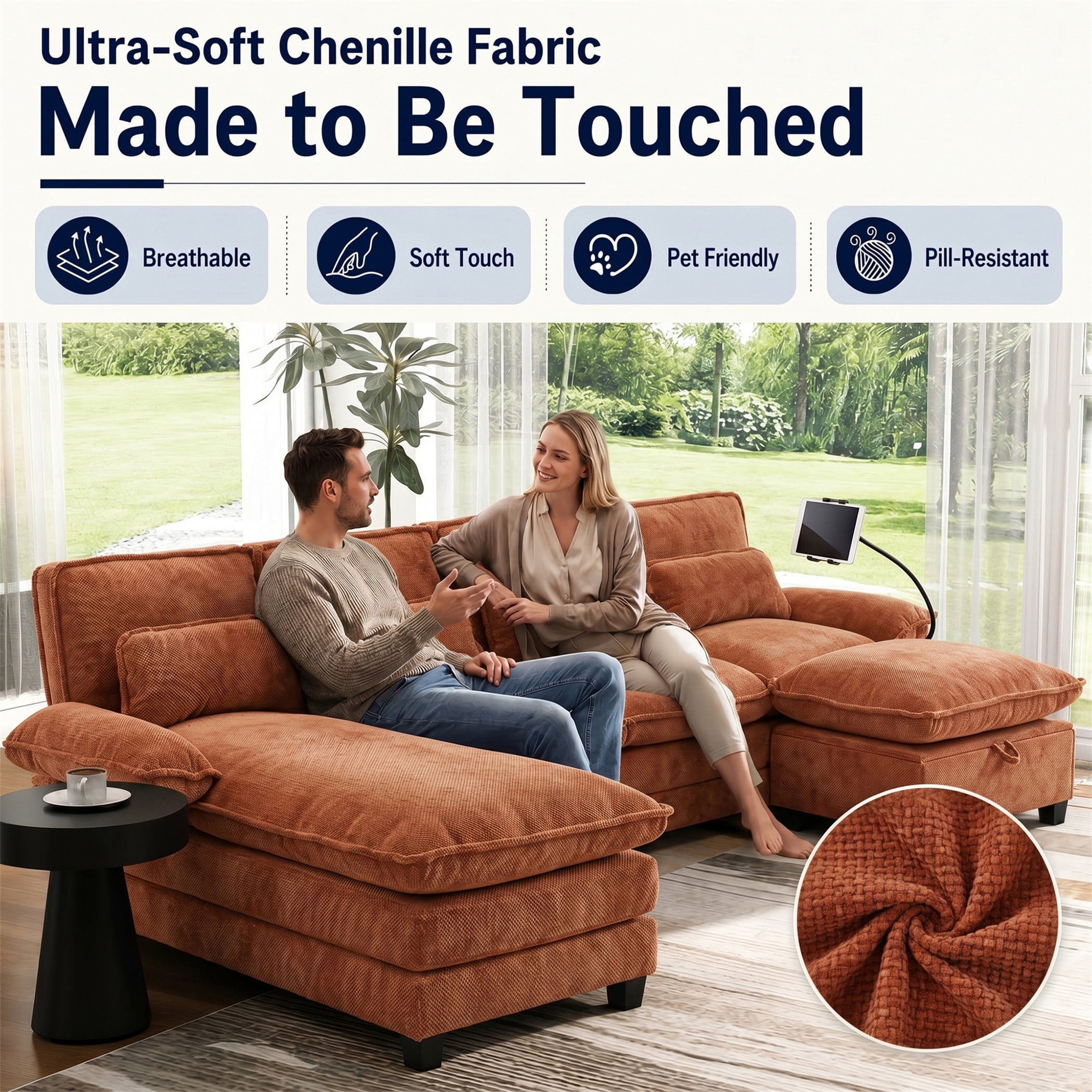 Aukfa 106" Sectional Sofa Deep Seat U shape Couch for Living Room, USB&Type-C Ports, 4 Lumbar Pillows, Storage Ottoman, Overstuffed Chenille, Orange