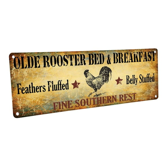 Olde Rooster Bed and Breakfast 4"x12" Metal Sign, Wall Décor for Kitchen and Dining