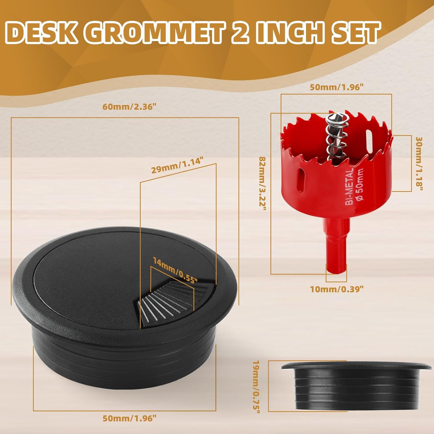 Desk Grommet 2 I h (50 mm) 10 Pieces, Desk Hole Cover for Cables Black, ABS Plastic Grommet Hole Cover with Hole Saw for Wires Cables Through The Countertop by
