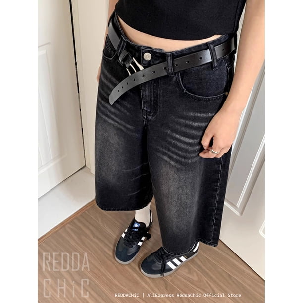 パンツ Used Damage Black Baggy Denim Jorts REDDACHiC Retro Y2k Baggy Jorts Women Men Whiskers Black Jeans Low