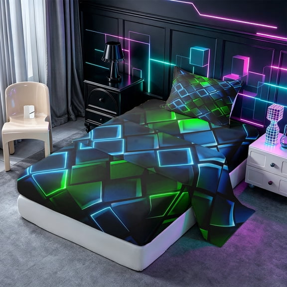Castle Fairy Abstract Neon Block Twin Sheets 3pcs,Minimalism Futuristic Cubes Bedding,Green Blue Black,1 Flat Sheet, 1 Fitted Sheet and 1 Pillowcase
