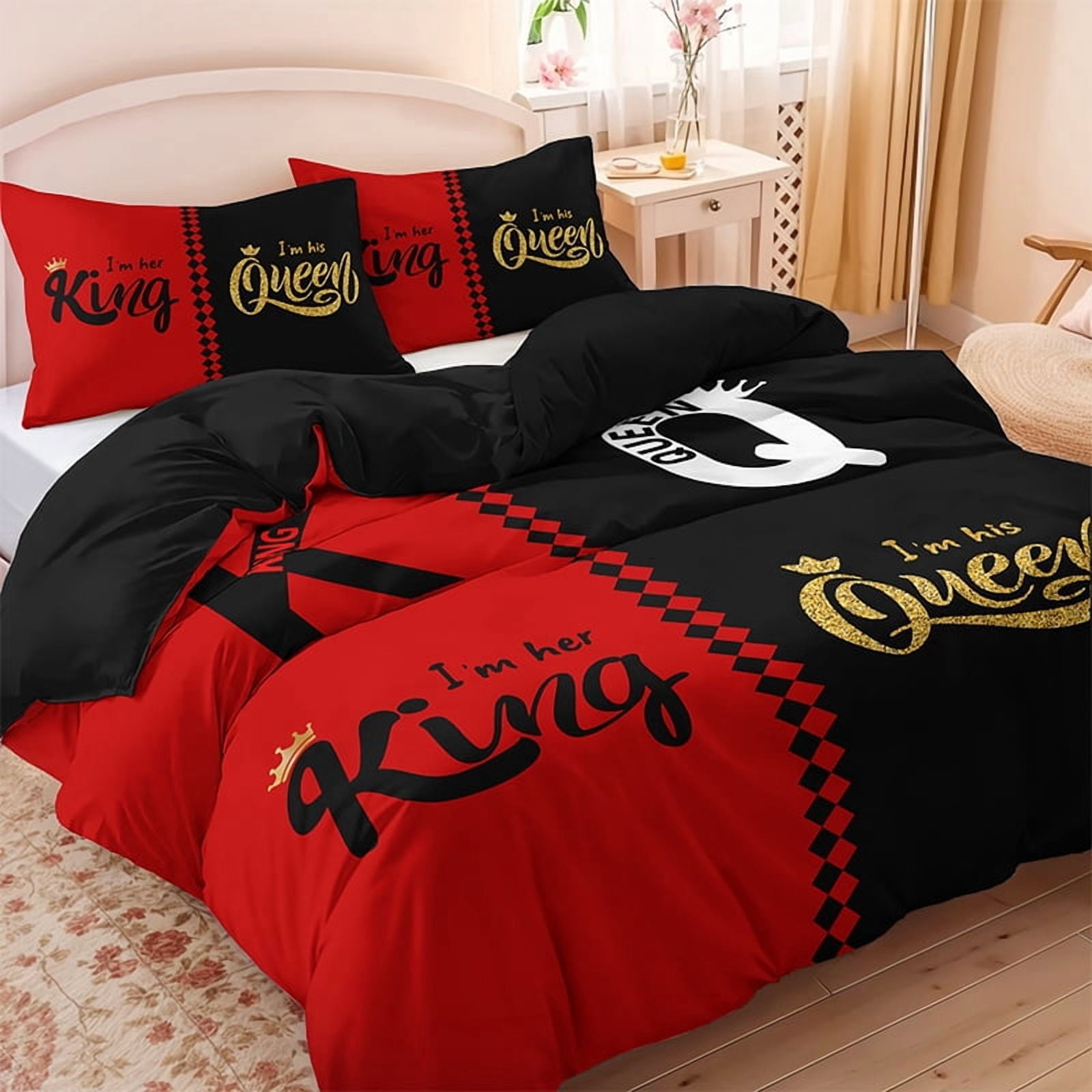 3PCS Duvet cover Set The soft (1 Duvet cover + 2 Pillowcases without Pillow covers), Features high-definition digital printing of crown and letter patterns in a stylish black and gray color scheme.