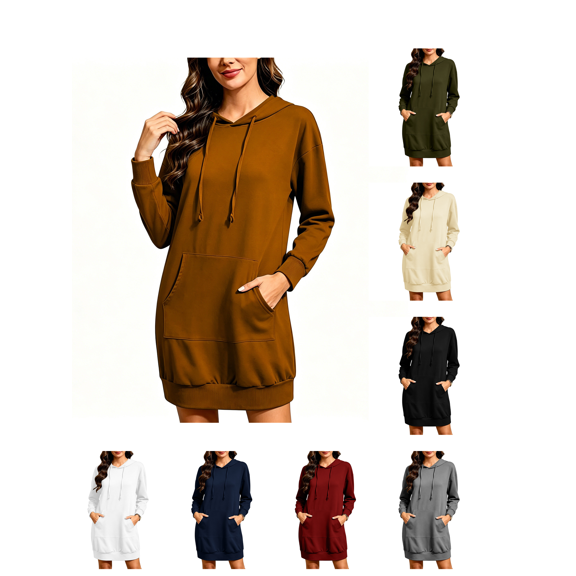 Busydd Hooded Sweatshirt Dress for Women with Kangaroo Pocket Casual Solid Color Drawstring Fall Dress Comfy Fashion Long Sleeve Dresses S