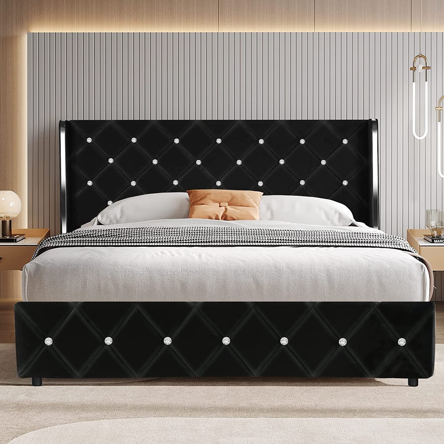 4 EVER WINNER Queen Size Bed Frame, Modern Upholstered Platform Bed Frame with Diamond Tufted