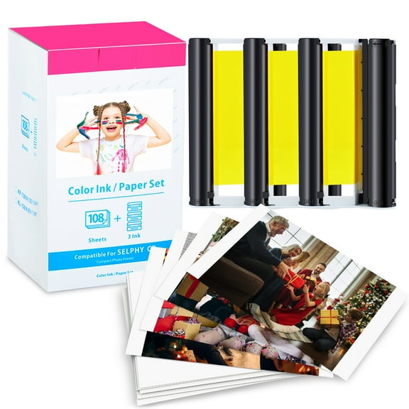 NineLeaf Compatible for Canon Selphy CP1500 CP1300 KP-108IN KP108 3 Color Ink Cartridge and 108 Sheets 4x6 Photo Paper