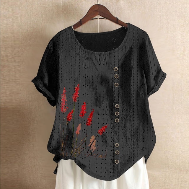 Shorts pour Femmes, Blouses pour Femmes, Mode Féminine Imprimée Confortable Ample Manches Courtes Blouse Boutonnée Col Rond Décontracté