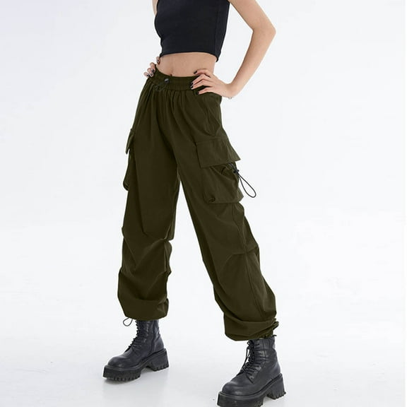 TaTaai Womens Summer Cargo Pants Mid Waist Solid Straight Leg Casual Trousers with Pockets for Daily