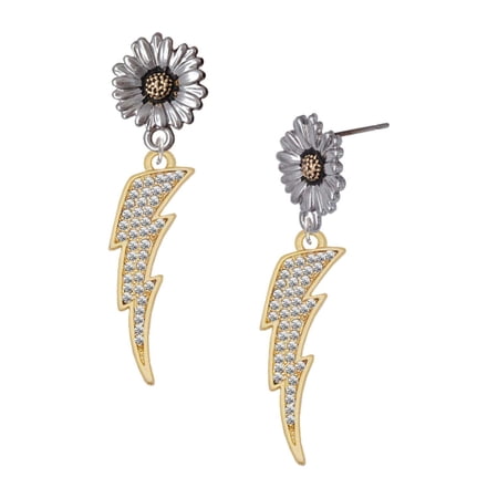 Delight Jewelry Gold-tone Large Clear Crystal Lightning Bolt – Two-tone Daisy Flower Post Earrings