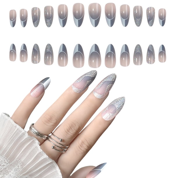 Cobertura completa de uñas postizas nude Uñas postizas francesas cuadradas acrílicas, adecuadas para mujeres y niñas, 24 piezas