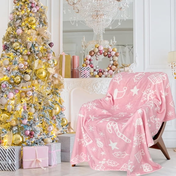 Christmas Fuzzy Blanket Pink White Snowflake Gift Box Throw Blanket Soft Blanket for Winter Xmas Home Chair Sofa Bed Christmas Gift for Family